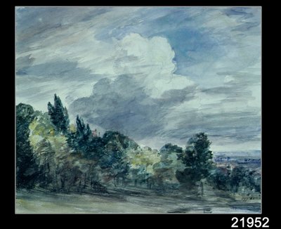 View over a wide landscape, with trees in the foreground by John Constable